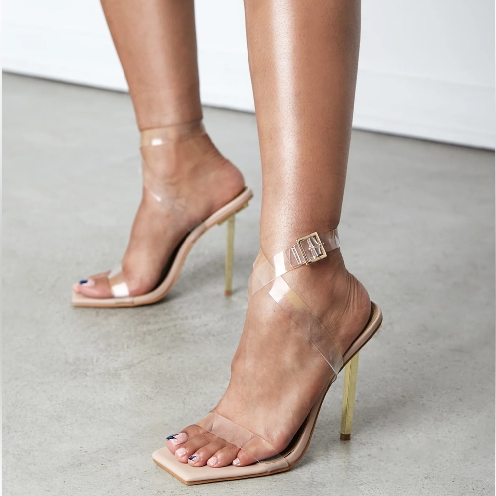 NEW NUDE SQUARE TOE CLEAR PERSPEX ANKLE STRAP Heels